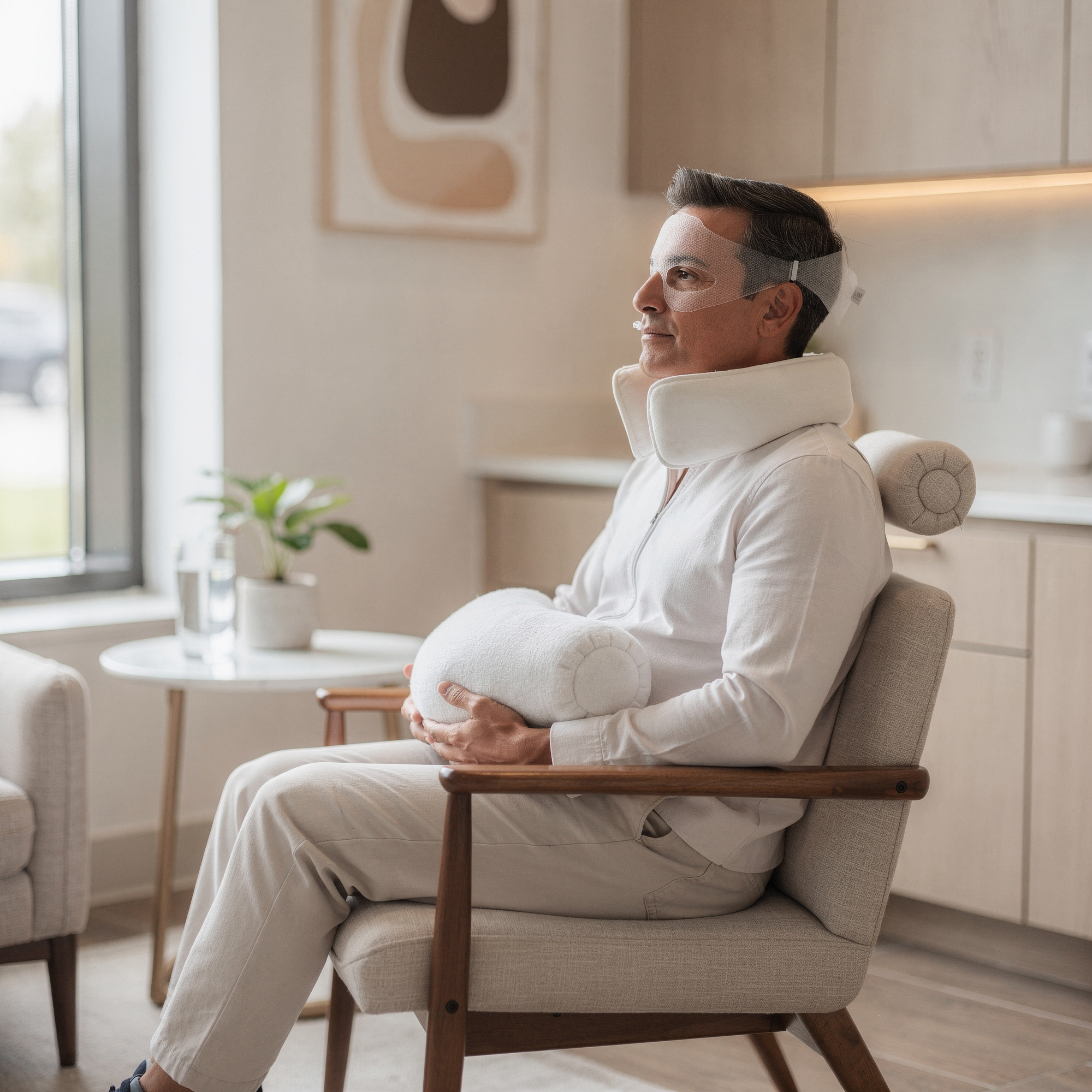 Man sitting in a comfortable chair holding a cervical pillow in a modern medical office